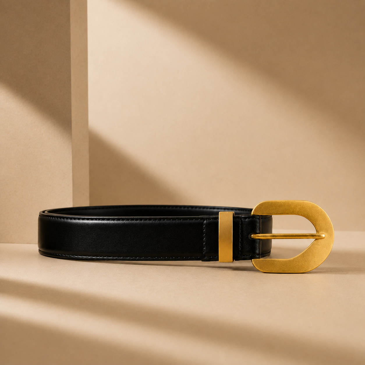 Black leather belt with a gold buckle on a beige background