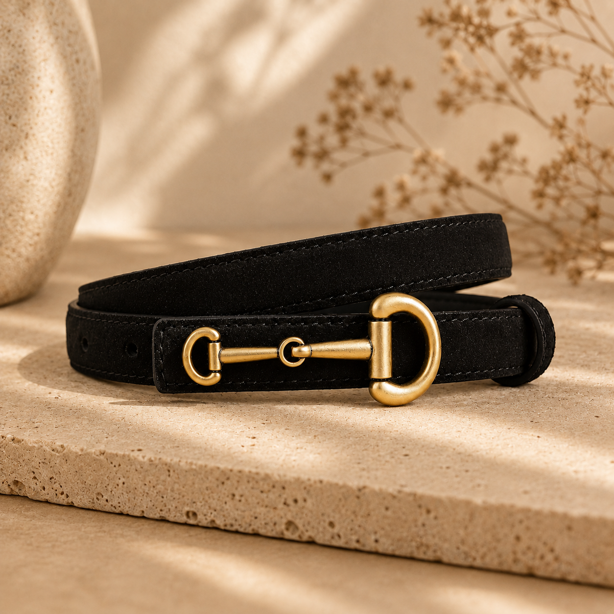 Black leather dog collar with gold hardware on a beige surface.