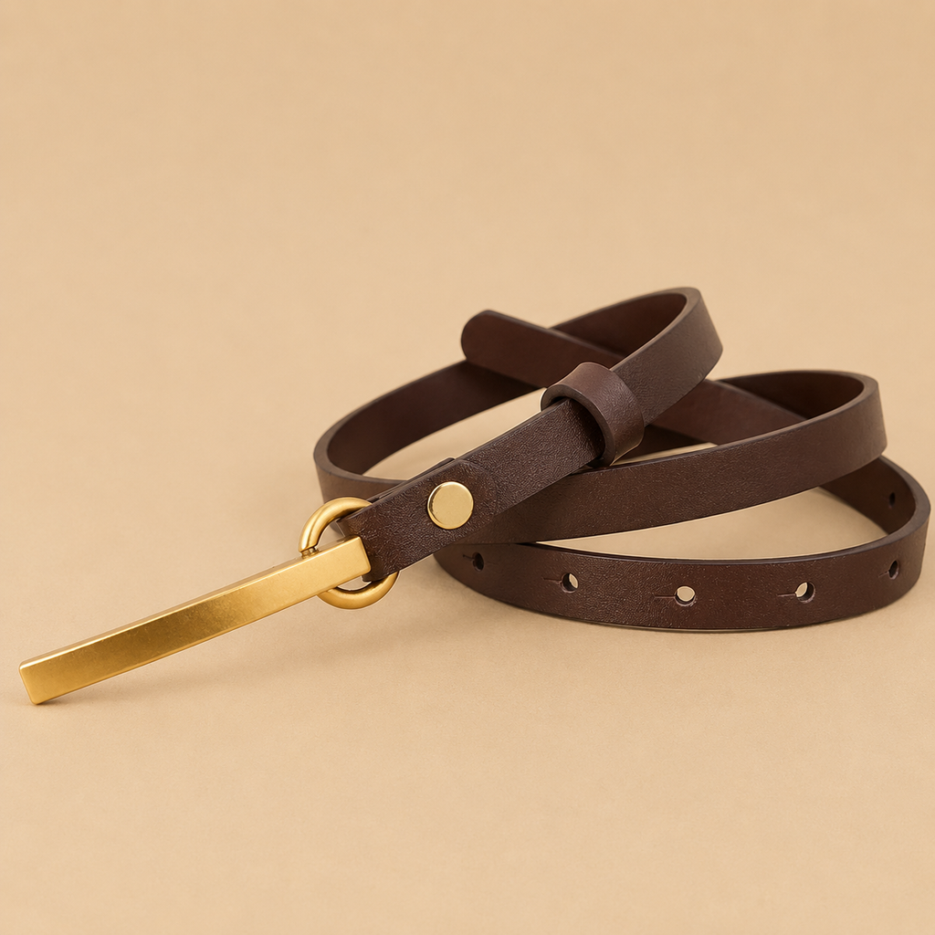 Brown leather belt with a gold buckle on a beige background